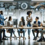 Grupo diverso de profesionales colaborando en una oficina moderna con gráficos digitales y pantallas que muestran datos de inteligencia artificial.