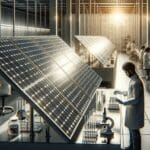 Primer plano de paneles solares bajo el sol, con científicos trabajando en un laboratorio biotecnológico moderno.
