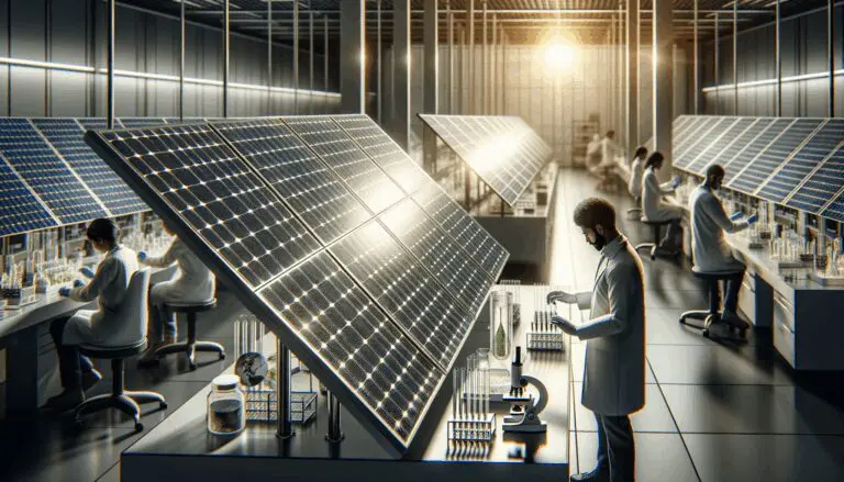 Primer plano de paneles solares bajo el sol, con científicos trabajando en un laboratorio biotecnológico moderno.