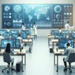 Laboratorio moderno con computadoras y científicos analizando datos en pizarras digitales.