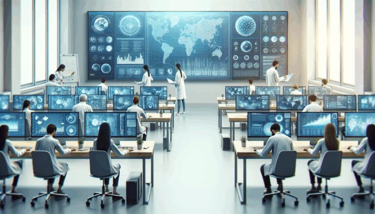 Laboratorio moderno con computadoras y científicos analizando datos en pizarras digitales.