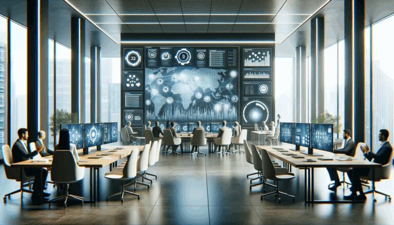 Fotografía de una fintech moderna con pantallas digitales y ambiente colaborativo.