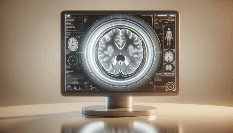 Primer plano de una resonancia magnética vista en una pantalla médica, con ambiente tecnológico y tonos neutros.