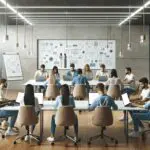 Jóvenes programadores colaborando en una sala de reuniones luminosa, laptops abiertas y pizarras llenas de diagramas.