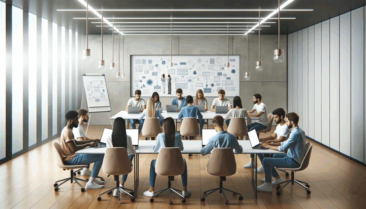 Jóvenes programadores colaborando en una sala de reuniones luminosa, laptops abiertas y pizarras llenas de diagramas.