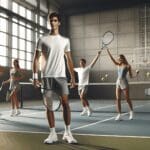 Jóvenes practicando tenis en una pista techada, tecnología y dispositivos de entrenamiento de fondo.