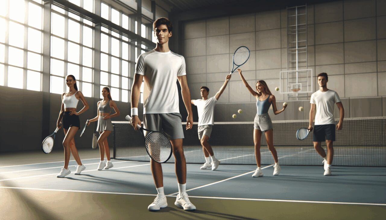 Jóvenes practicando tenis en una pista techada, tecnología y dispositivos de entrenamiento de fondo.