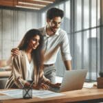 Espacios urbanos modernos con emprendedores colaborando en oficinas luminosas.