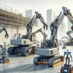 Equipo de robótica automatizando maquinaria pesada en un amplio sitio de construcción urbano.