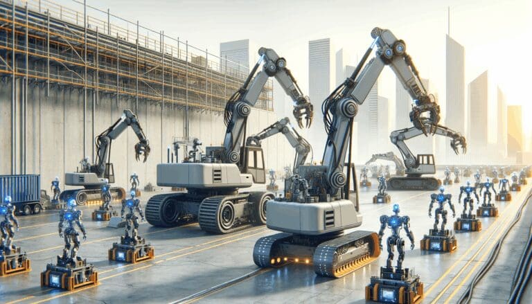 Equipo de robótica automatizando maquinaria pesada en un amplio sitio de construcción urbano.