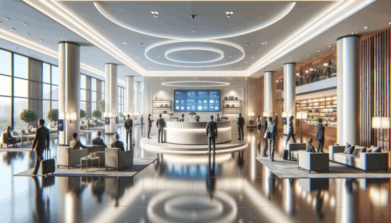 Lobby de hotel moderno con tecnología digital y dispositivos inteligentes, ambiente luminoso y profesional.