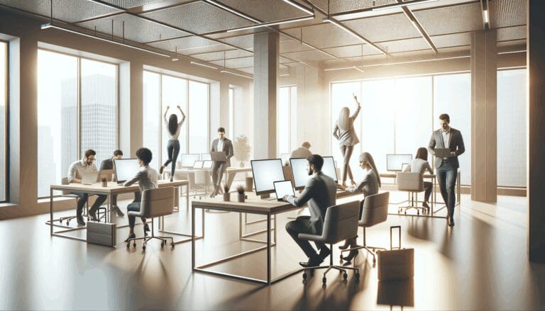 Espacio de coworking moderno con emprendedores usando computadoras portátiles y pantallas digitales en tonos claros.