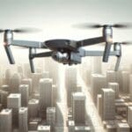 Fotografía de un dron moderno volando sobre un paisaje urbano, con estética tecnológica y fondos neutros.
