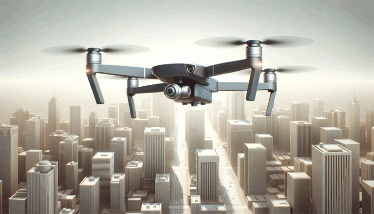 Fotografía de un dron moderno volando sobre un paisaje urbano, con estética tecnológica y fondos neutros.