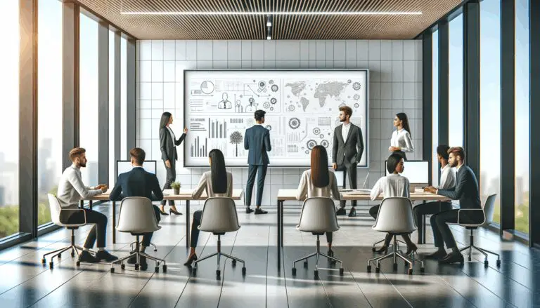 Reunión de jóvenes profesionales en un moderno hub de innovación con pizarras digitales y mesa de trabajo colaborativo.