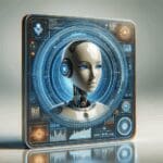 Primer plano de un asistente virtual en una pantalla con gráficos tecnológicos de fondo, ambiente profesional y moderno.