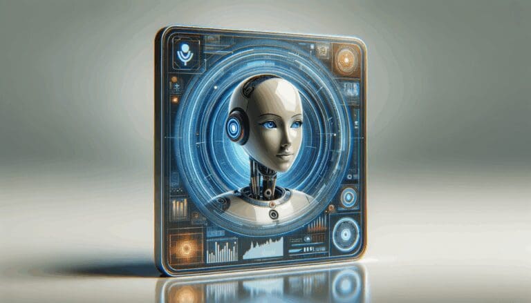 Primer plano de un asistente virtual en una pantalla con gráficos tecnológicos de fondo, ambiente profesional y moderno.