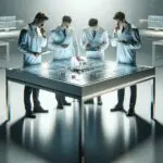 Laboratorio tecnológico limpio con ingenieros revisando una placa de circuito avanzada sobre una mesa iluminada.