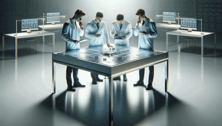 Laboratorio tecnológico limpio con ingenieros revisando una placa de circuito avanzada sobre una mesa iluminada.