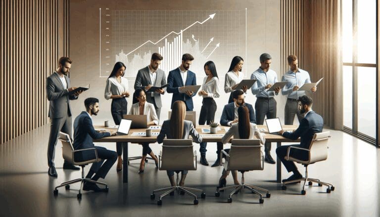 Equipo de emprendedores reunido en una sala de juntas con laptops, analizando gráficos de crecimiento.