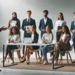 Jóvenes emprendedores presentando su startup frente a un jurado en un ambiente moderno y tech.