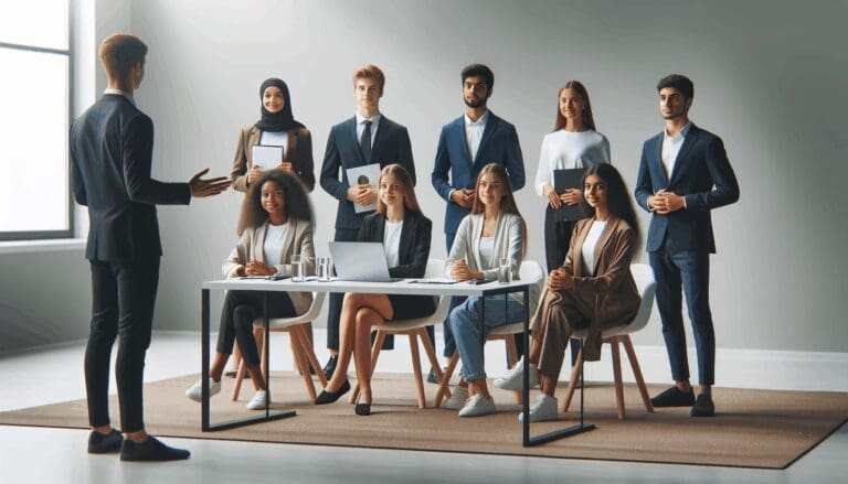 Jóvenes emprendedores presentando su startup frente a un jurado en un ambiente moderno y tech.