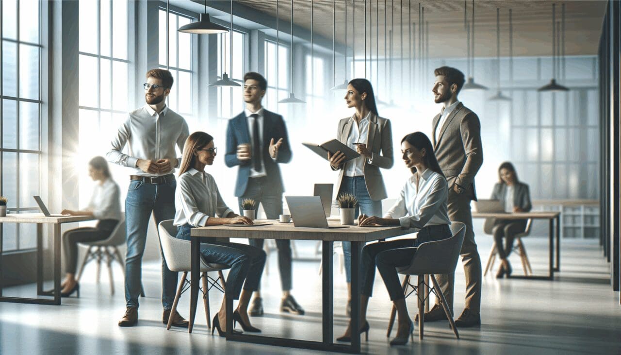 Emprendedores trabajando juntos en un espacio de coworking moderno