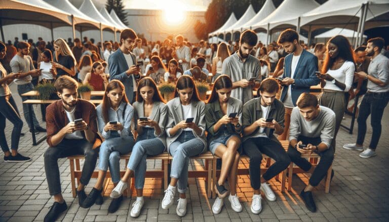 Grupo de jóvenes emprendedores usando sus móviles en un festival al aire libre con ambientes tecnológicos.