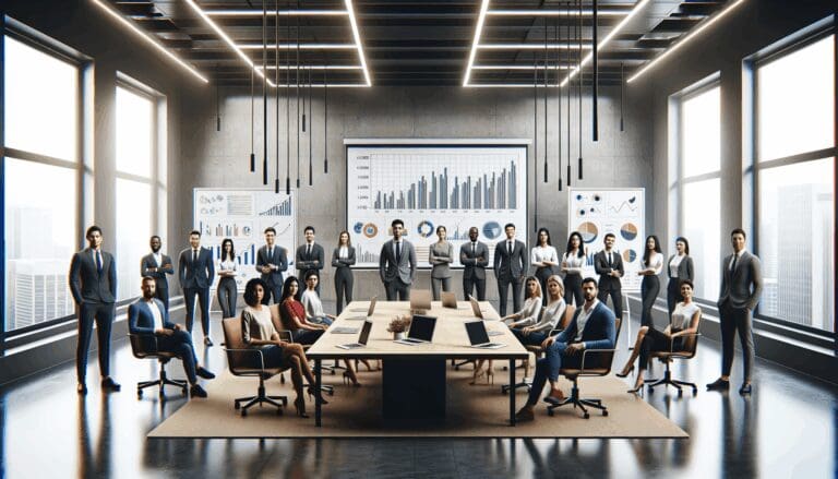 Emprendedores reunidos en una sala de juntas moderna, laptops y pizarras con diagramas de crecimiento.