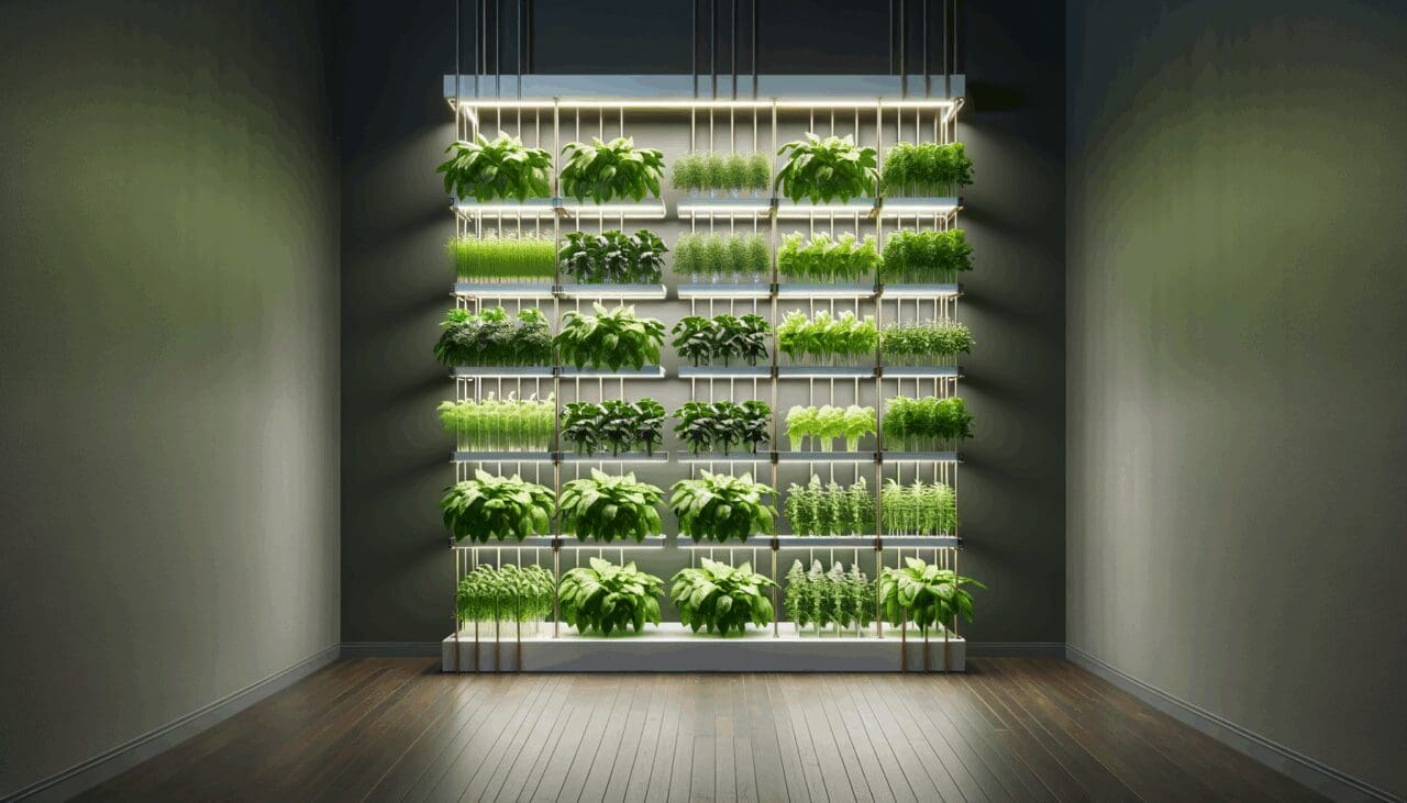 Cultivo interior vertical de vegetales verdes iluminado con luces LED en ambiente moderno y limpio.