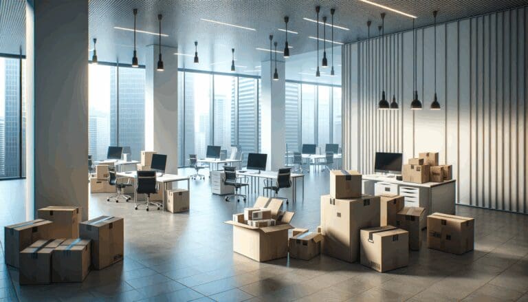 Oficinas modernas vacías con cajas y equipo desmantelado, ambiente de cierre empresarial.