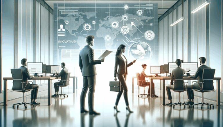 Oficina moderna con equipos trabajando, simbolizando innovación en tecnología.