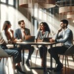 Personas conversando y colaborando en un moderno espacio de coworking rodeados de luz natural y dispositivos tecnológicos.