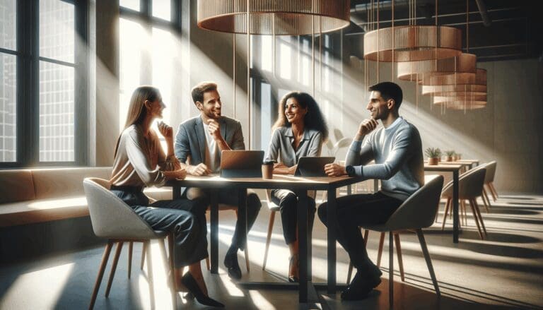 Personas conversando y colaborando en un moderno espacio de coworking rodeados de luz natural y dispositivos tecnológicos.