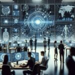 Primer plano de una oficina tecnológica moderna con equipos diversos colaborando frente a pantallas, elementos de inteligencia artificial visibles.