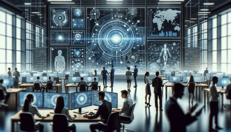 Primer plano de una oficina tecnológica moderna con equipos diversos colaborando frente a pantallas, elementos de inteligencia artificial visibles.