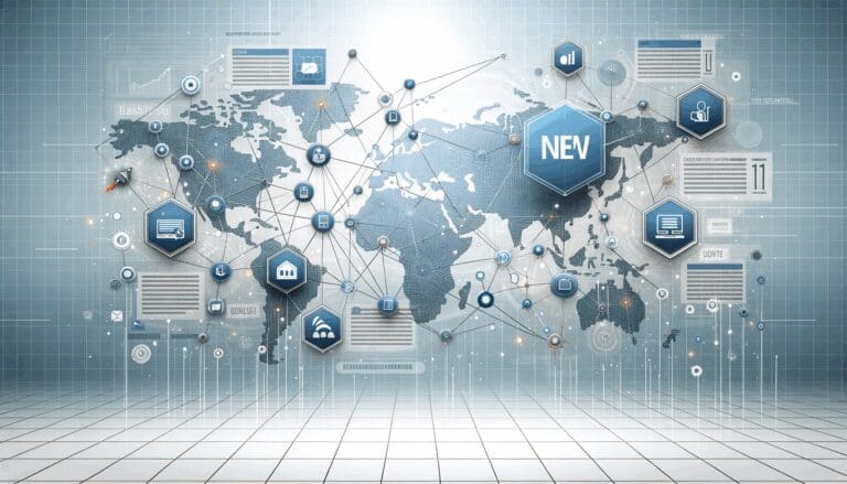 Ilustración de una red digital con nodos conectando varias startups tecnológicas en un entorno futurista.