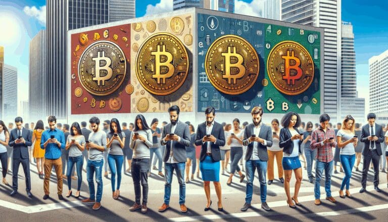 Personas usando teléfonos inteligentes frente a murales de criptomonedas, en una ciudad latinoamericana moderna y vibrante.