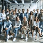 Retrato grupal de profesionales diversos en un espacio moderno de coworking, con ambiente tecnológico.