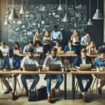 Grupo diverso de emprendedores trabajando juntos en un espacio de coworking moderno, con tecnología y pizarras en el fondo.