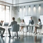 Reunión de emprendedores en una sala moderna con laptops y pizarras blancas.