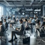 Grupo de jóvenes profesionales trabajando con laptops en una moderna oficina iluminada, rodeados de pantallas y gráficos digitales.