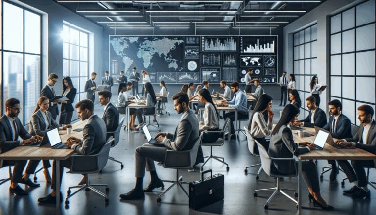 Grupo de jóvenes profesionales trabajando con laptops en una moderna oficina iluminada, rodeados de pantallas y gráficos digitales.