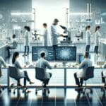 Científicos trabajando en un laboratorio moderno, lleno de equipos tecnológicos.