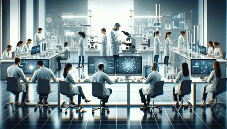 Científicos trabajando en un laboratorio moderno, lleno de equipos tecnológicos.