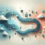 Ilustración minimalista de datos fluyendo a través de una red digital segura, con tonos fríos y fondo abstracto.