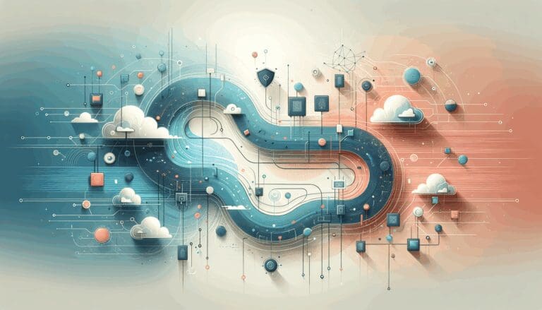 Ilustración minimalista de datos fluyendo a través de una red digital segura, con tonos fríos y fondo abstracto.