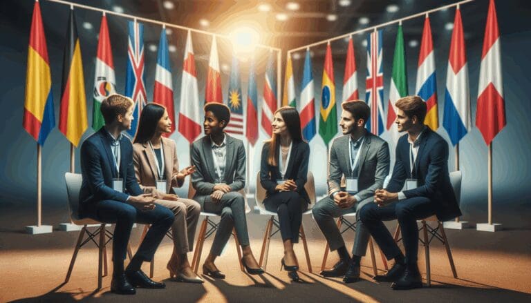 Jóvenes emprendedores conversando en un evento internacional de innovación, con banderas de varios países de fondo.