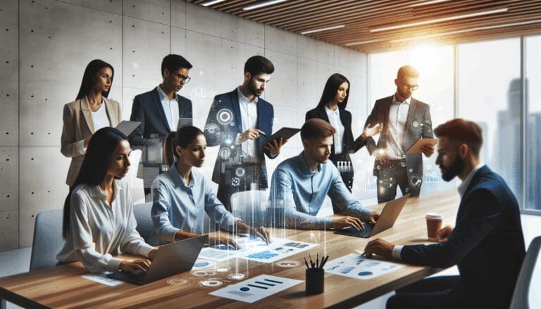 Grupo diverso de emprendedores revisando datos digitales en una oficina moderna.