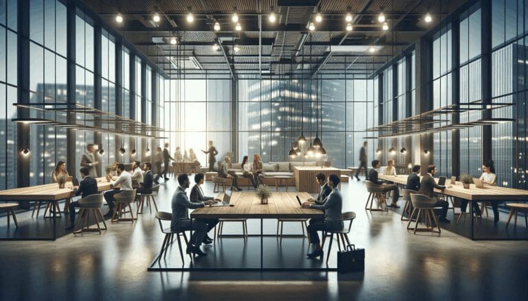 Emprendedores colaborando en un espacio de coworking moderno